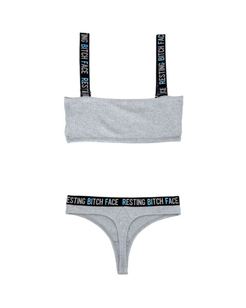 Resting Bitch Face Crop Top and Thong Panty Set - Gray - L/xl