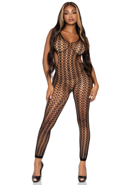 Lattice Net Footless Bodystocking - One Size - Black