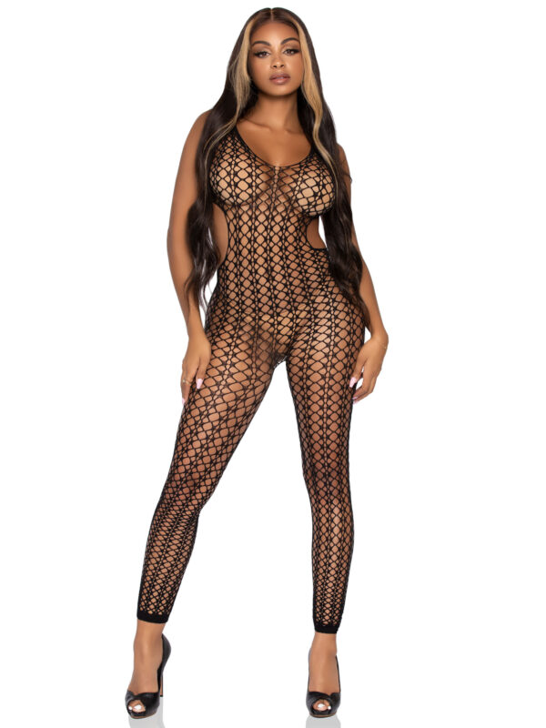 Lattice Net Footless Bodystocking - One Size - Black
