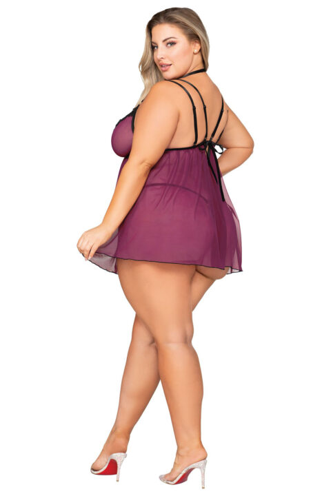Babydoll and Open Crotch G-String - Queen Size -  Mulberry